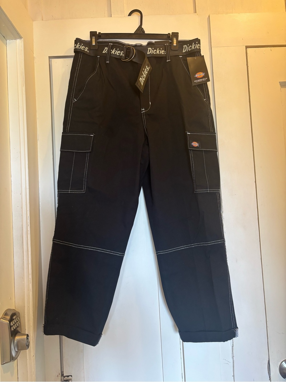 Dickies Women’s Black Cargo Pants with White Contrast Stitching